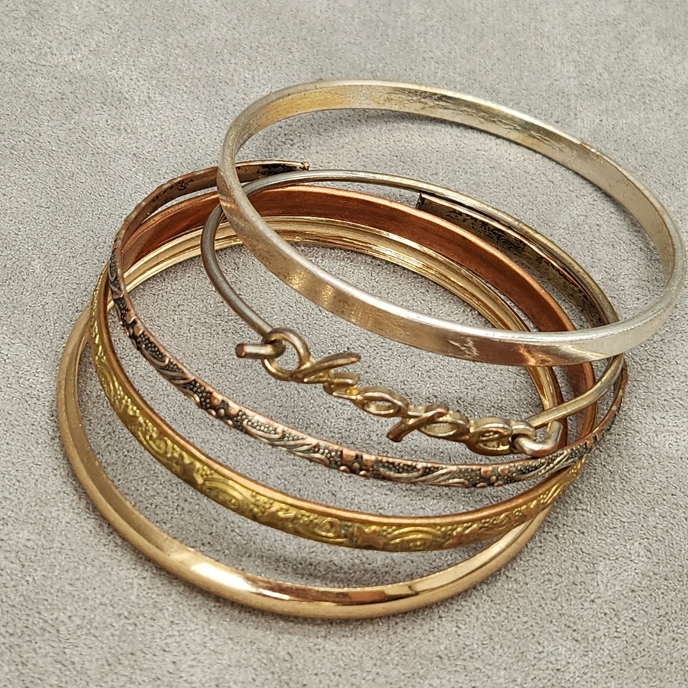 Lot 5 Bangles Bracelets Golden Silver Tone HOPE Dainty Metal Boho Artsy Gift